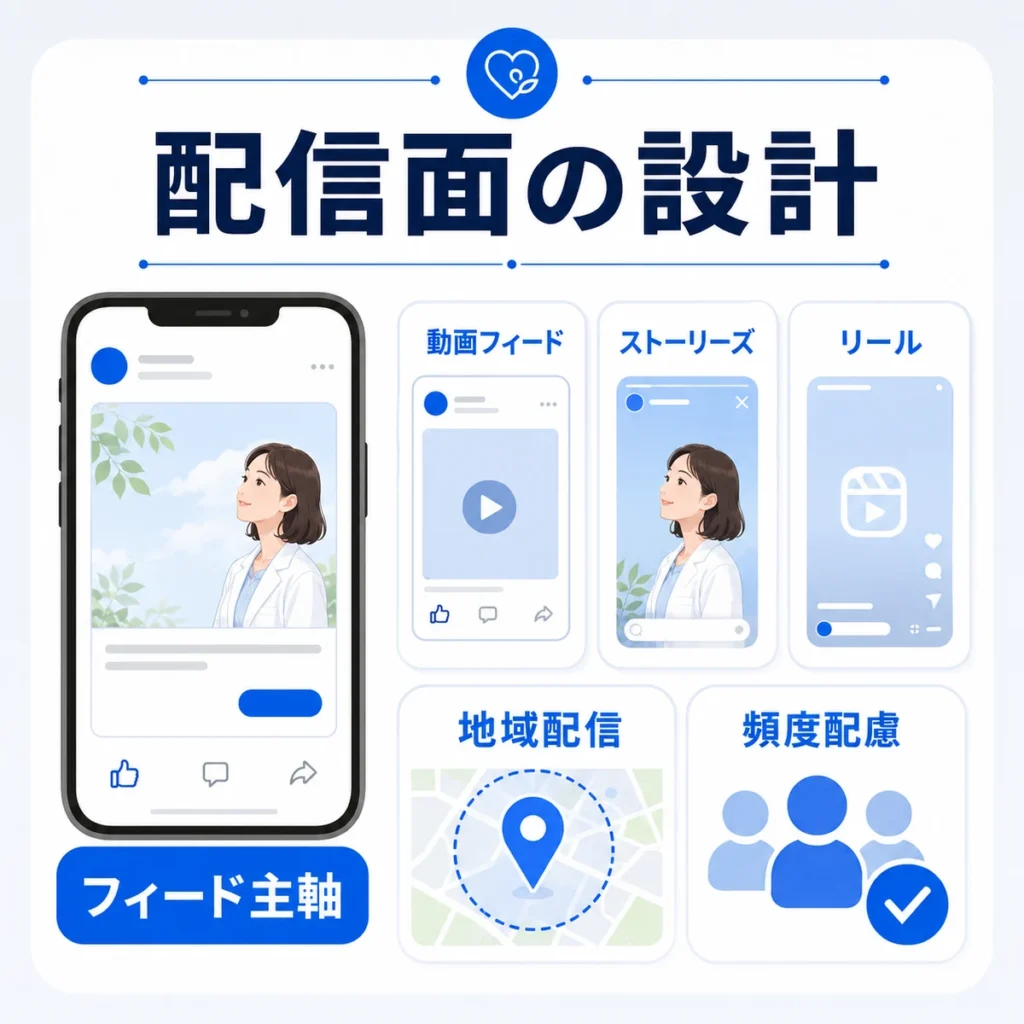Facebookフィードを主軸に配信面と地域配信、頻度配慮を整理するイラスト