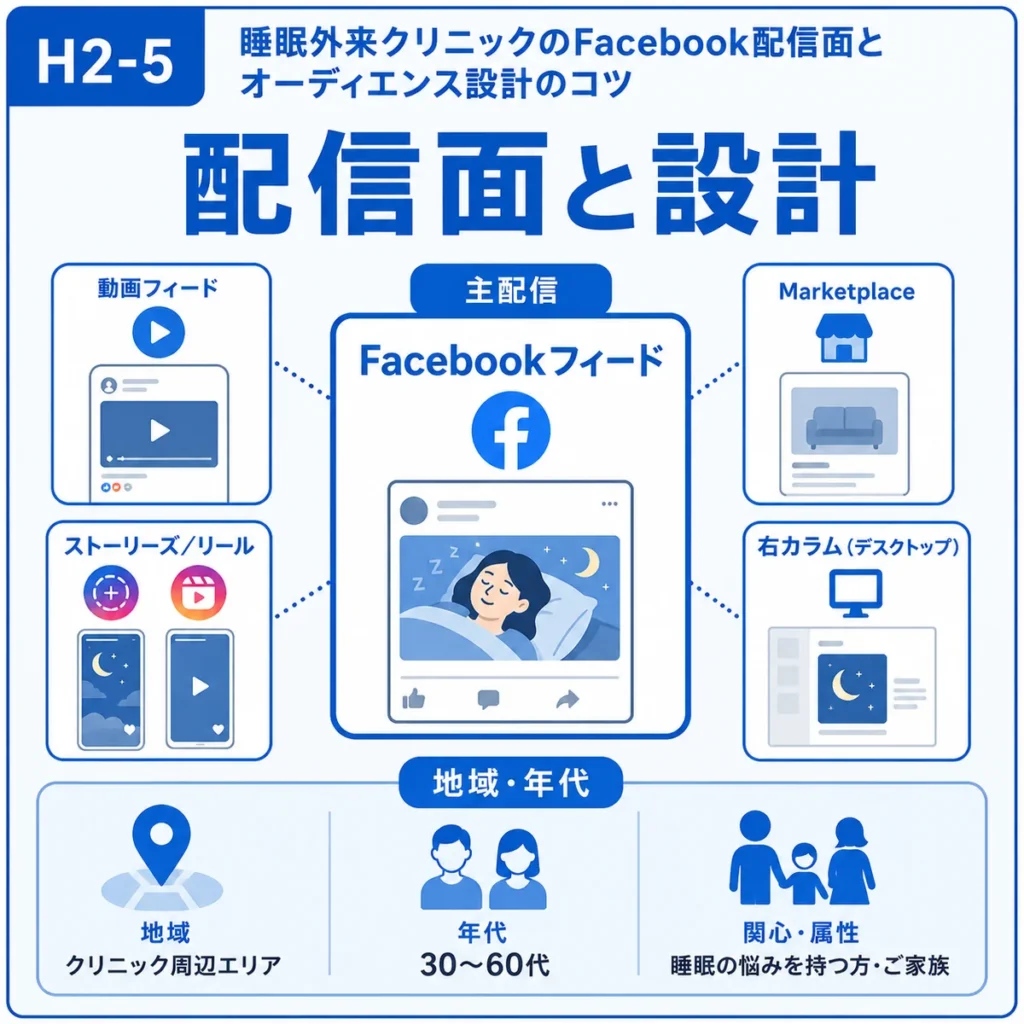 睡眠外来クリニックのFacebook広告における配信面とオーディエンス設計を示すイラスト