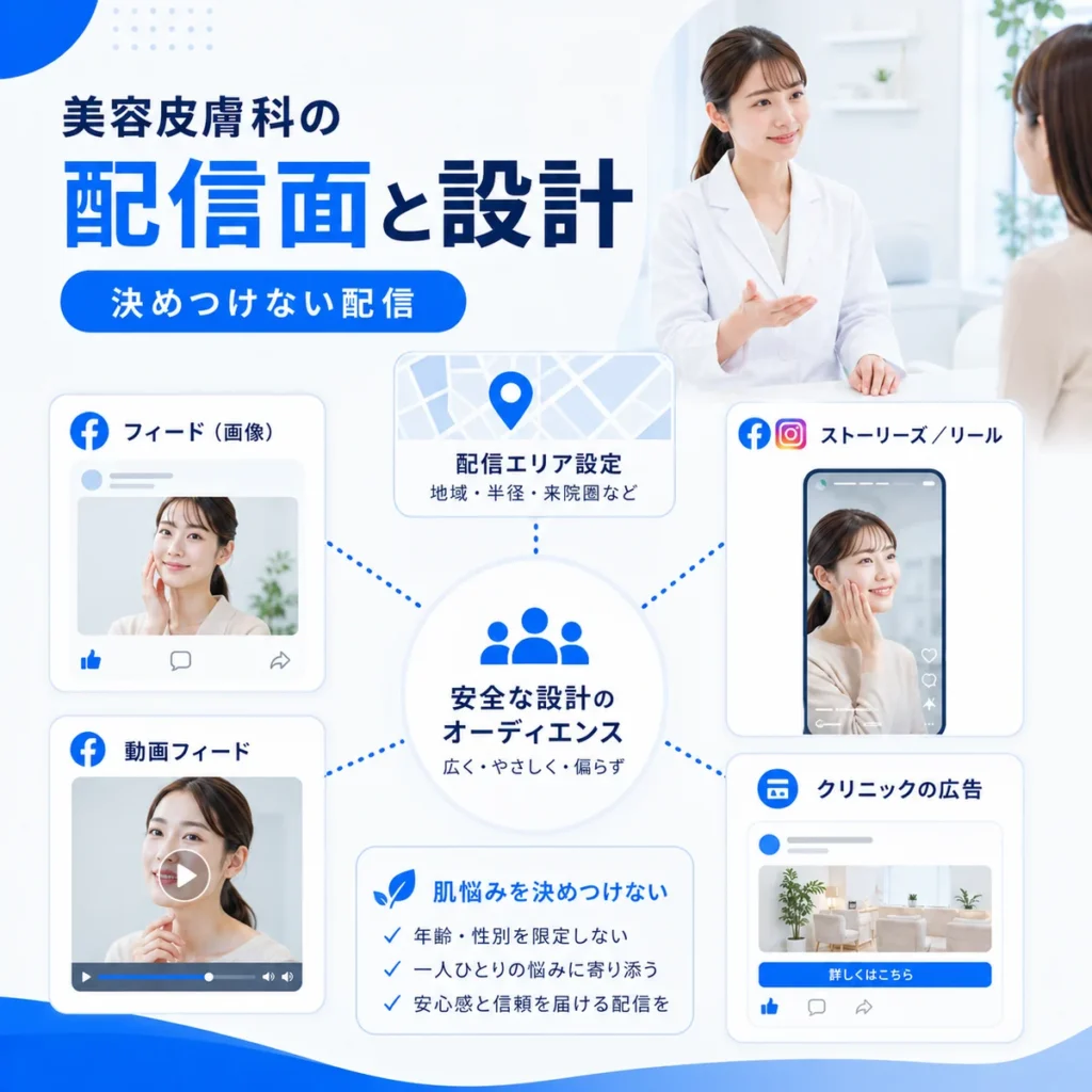 Facebook広告の配信面とオーディエンス設計を肌悩みの決めつけなしで整理するイラスト
