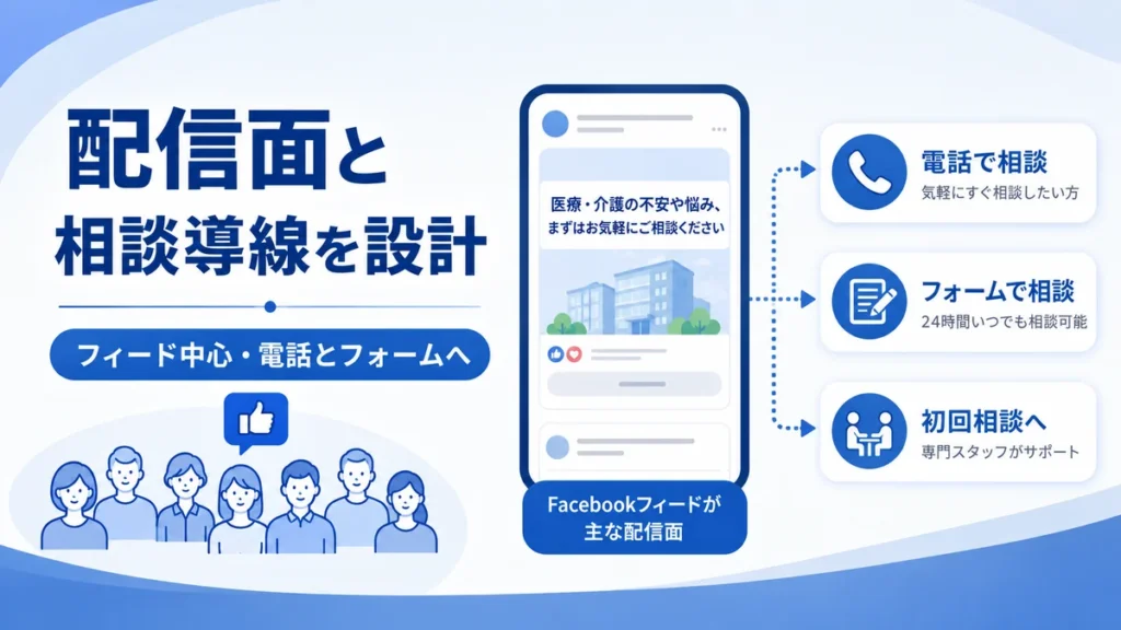 Facebookフィードから電話相談やフォーム相談へつなぐ配信面と相談導線のイラスト