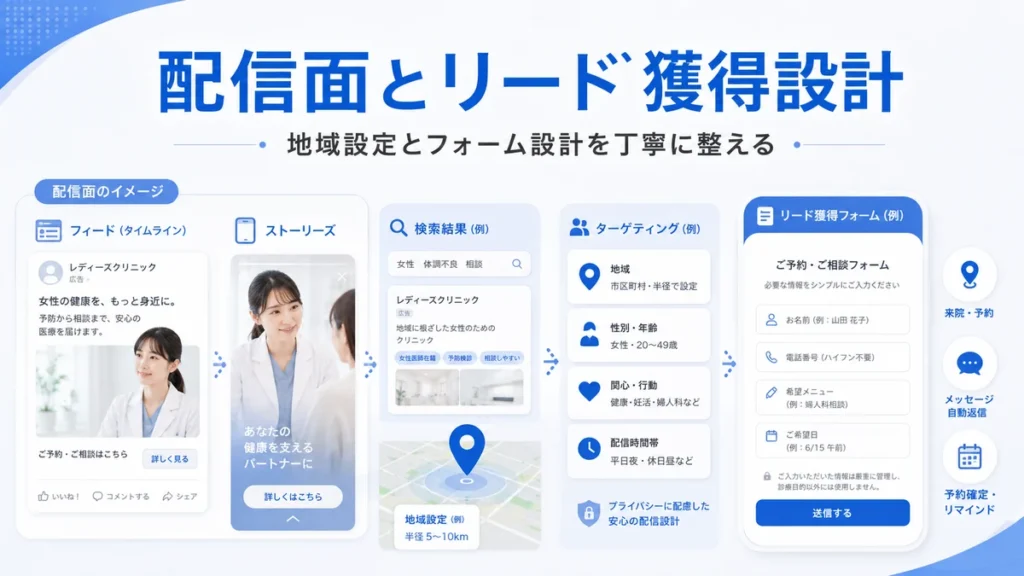 Facebook広告の配信面とリード獲得フォームを設計するイメージ
