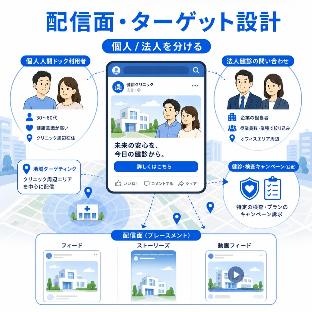 個人向けと法人向けを分けたFacebook広告の配信面とターゲット設計を示すイラスト