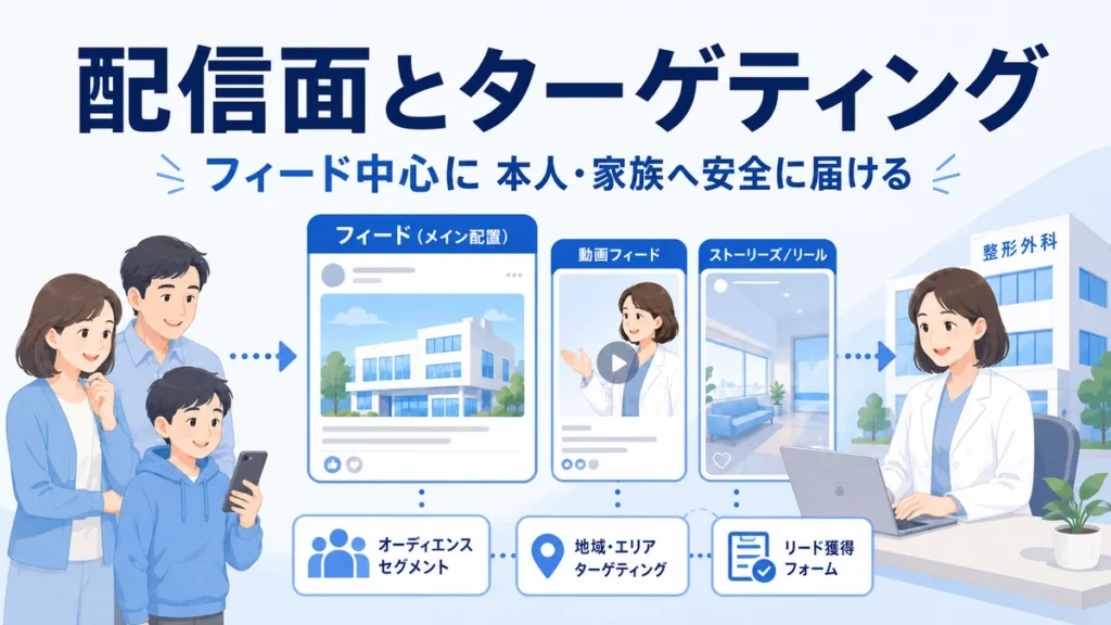 フィードを中心に本人と家族へ安全に届ける配信面とターゲティング、リード獲得の設計を示すイラスト