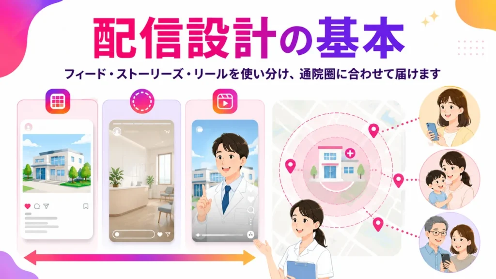 フィード・ストーリーズ・リールと通院圏配信を設計するイラスト