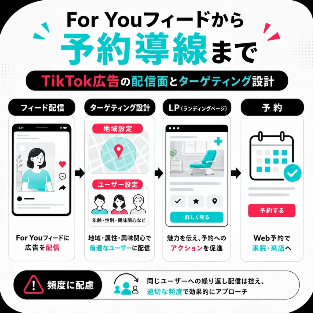 For Youフィードから地域配信、LP、Web予約までの導線設計を示すイラスト