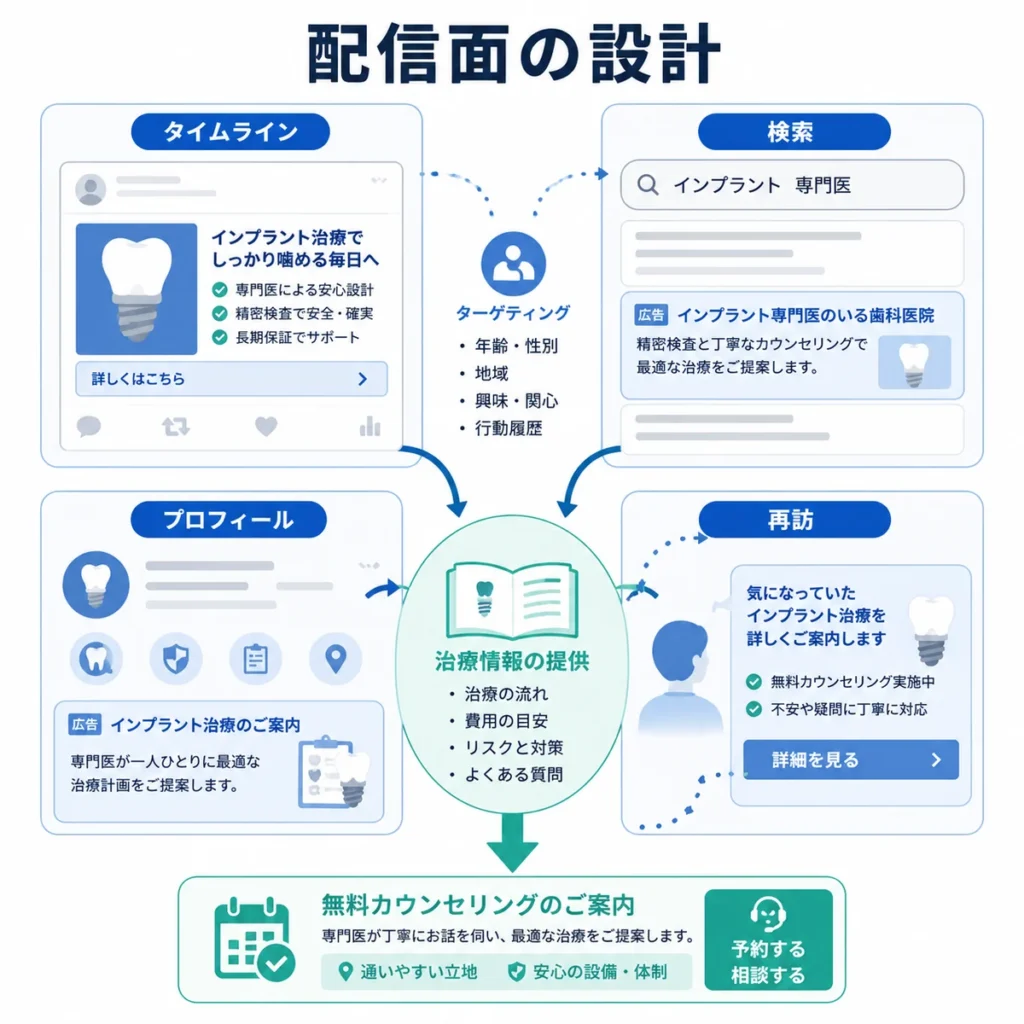 タイムライン・検索・プロフィール・再訪配信を治療情報の導線として設計する図解