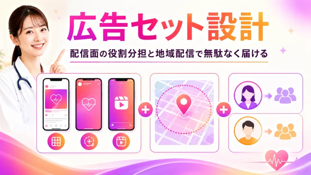 配信面の役割分担と地域配信で広告セットを設計するイラスト