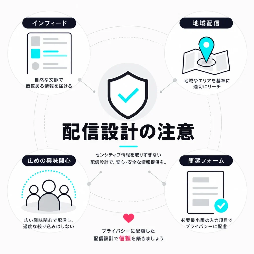 配信面やターゲティングでセンシティブ情報に配慮した安全な配信設計を示すイラスト