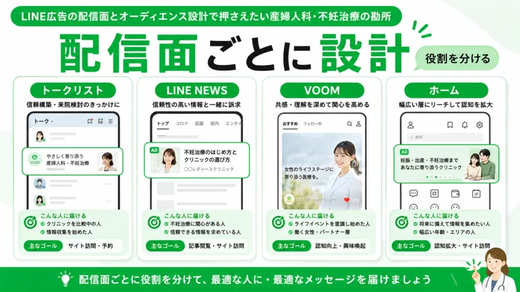 トークリストやLINE NEWSなど配信面ごとに役割を分けてオーディエンス設計する方法を示すイラスト