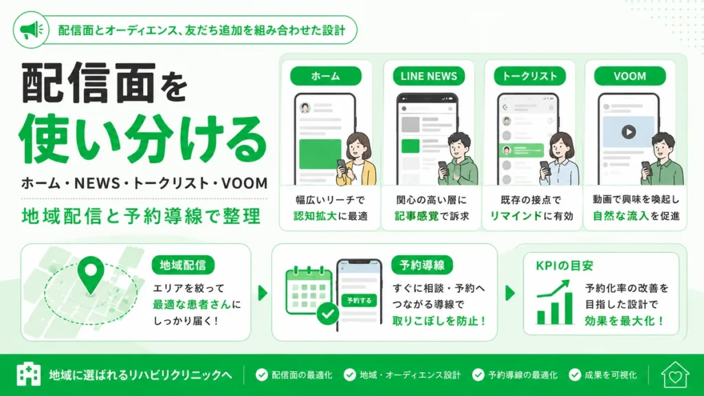ホームやLINE NEWSなど配信面を使い分け地域配信と予約導線を整理するイラスト