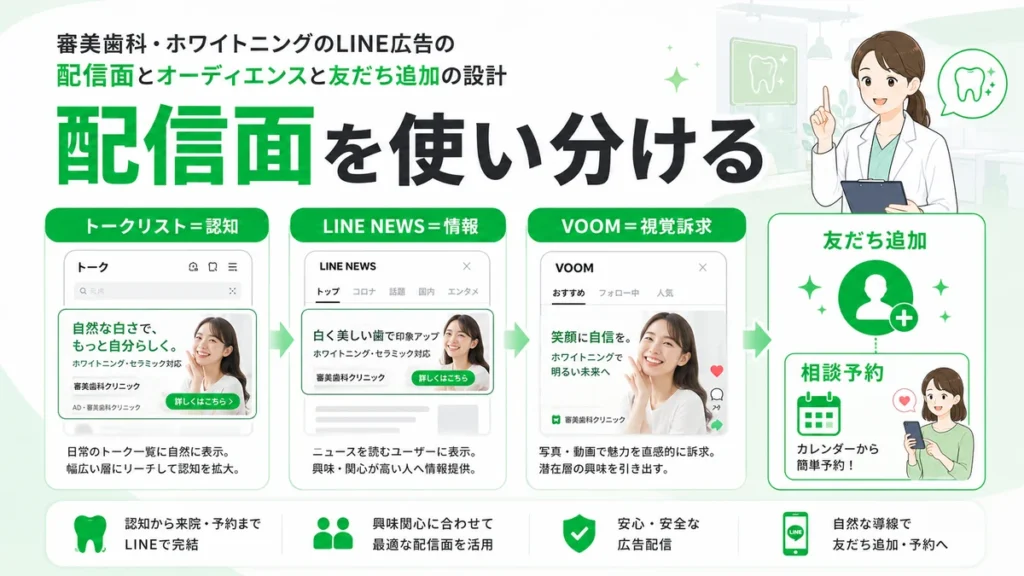 トークリストやLINE NEWSなど配信面を使い分けて友だち追加や予約につなげる設計を示すイラスト