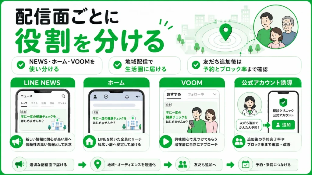 LINE NEWSやホーム、VOOMなど配信面ごとの役割と友だち追加後の確認項目を整理した図解