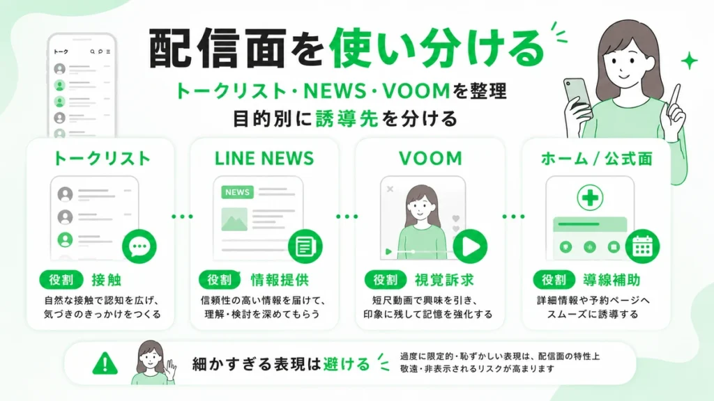 トークリストやLINE NEWS、VOOMなど配信面ごとの役割を整理したイラスト