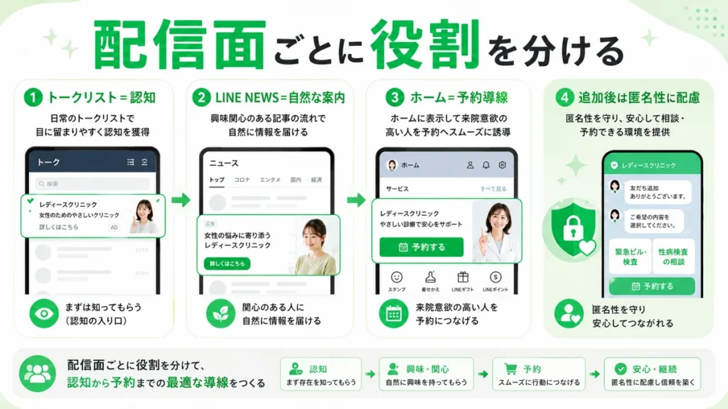LINE広告の配信面ごとの役割と友だち追加後の匿名性配慮を整理したイラスト