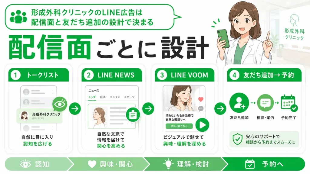 トークリストやLINE NEWS、LINE VOOMなど配信面ごとに形成外科LINE広告を設計する流れを示すイラスト
