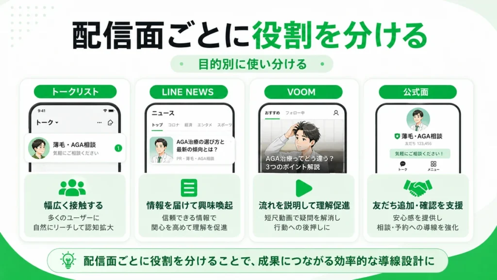 トークリスト、LINE NEWS、VOOM、公式面など配信面ごとの役割を分ける設計を示すイラスト
