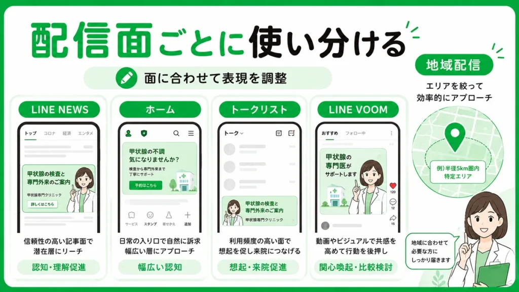 LINE NEWSやホーム、トークリスト、LINE VOOMなど配信面ごとの広告設計を示す図解