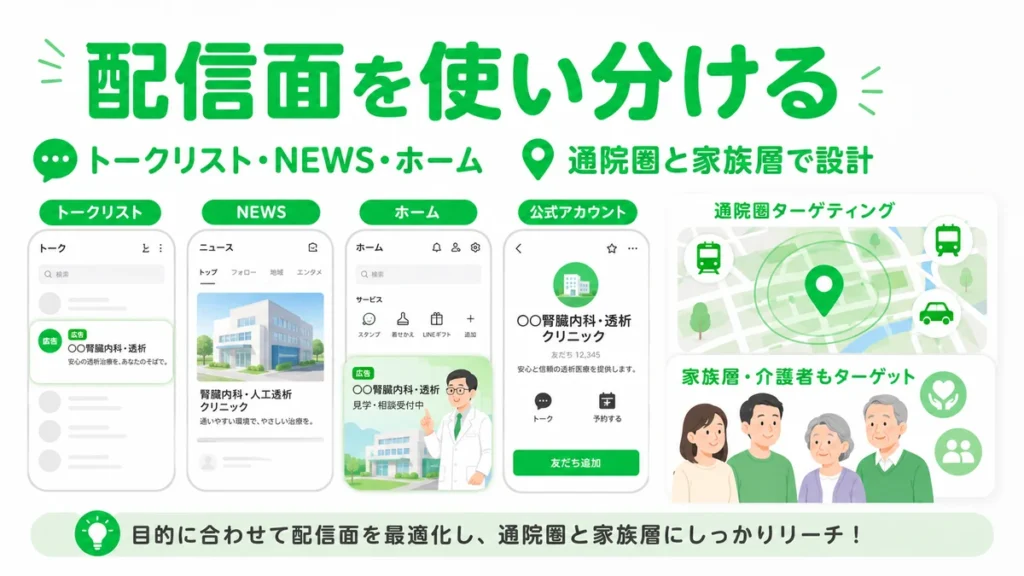 LINE広告の配信面を使い分け通院圏や家族層へ届ける設計を示すイラスト