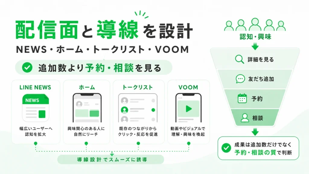 LINE NEWSやホーム、トークリスト、VOOMなど配信面と予約相談導線の設計を示すイラスト