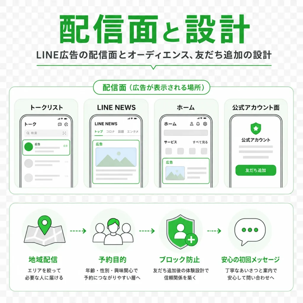 LINE広告の配信面、地域配信、友だち追加後の設計を整理したイラスト