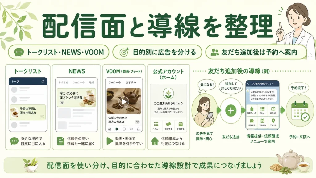 トークリストやNEWSなど配信面を使い分け友だち追加後の予約導線を整理するイラスト