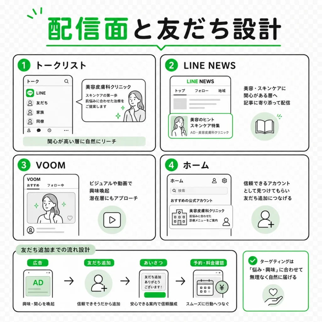 美容皮膚科のLINE広告で配信面と友だち追加後の導線を設計する流れを示すイラスト