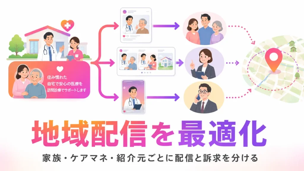 地域配信と家族・ケアマネ・紹介元別の広告設計を示すイラスト
