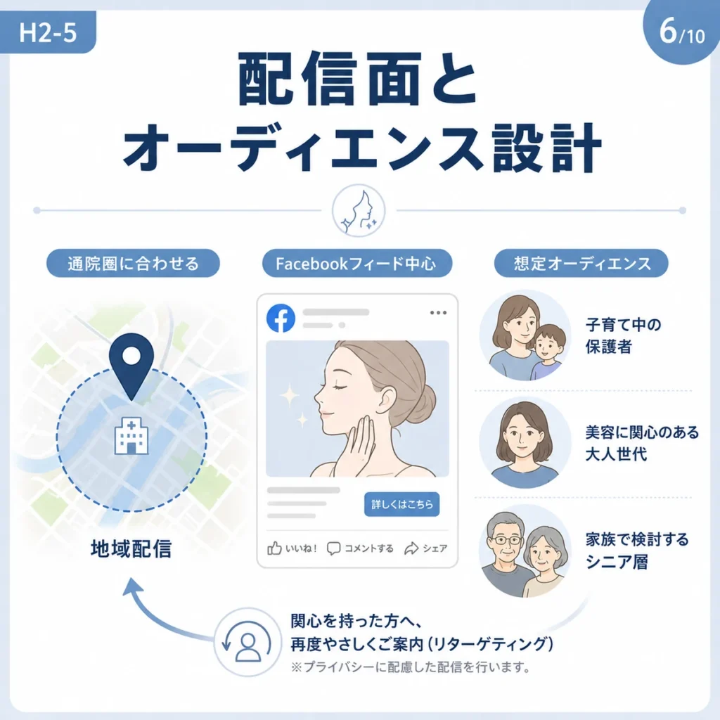 通院圏や想定オーディエンスに合わせたFacebook広告配信設計を示すイラスト