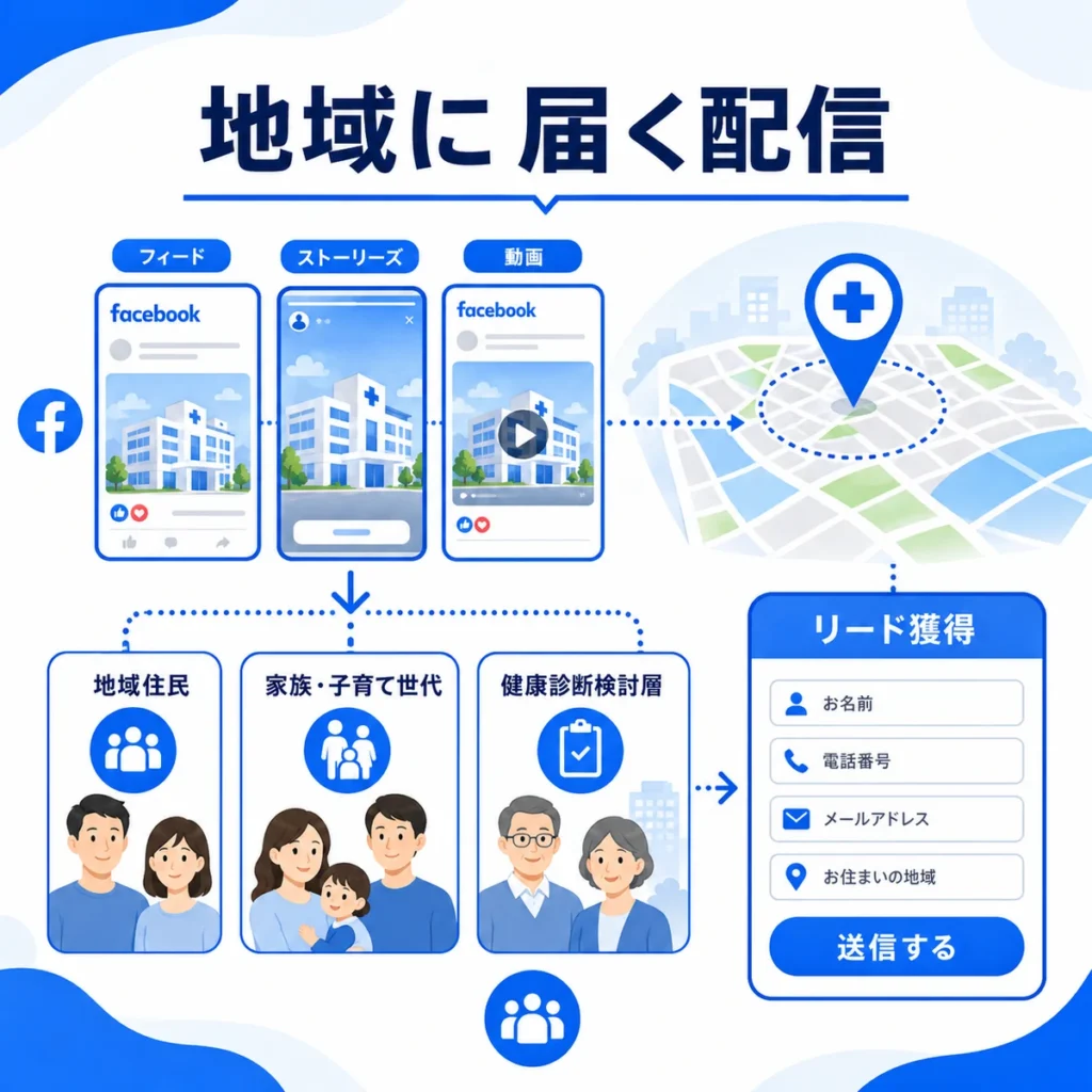 地域住民に届くFacebook配信面とオーディエンス設計、リード獲得を示すイラスト