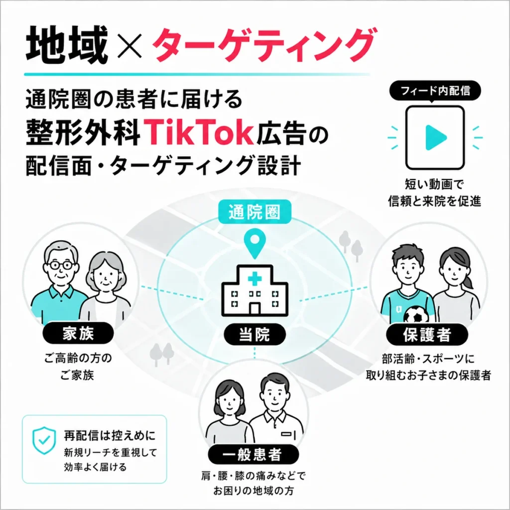 通院圏の患者や家族に整形外科TikTok広告を届ける地域配信とターゲティング設計のイラスト
