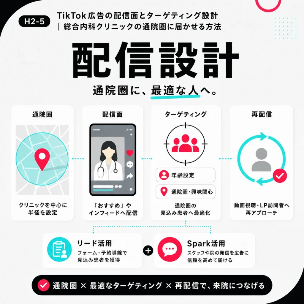 総合内科クリニックの通院圏に合わせた配信面、ターゲティング、再配信の設計を示すイラスト