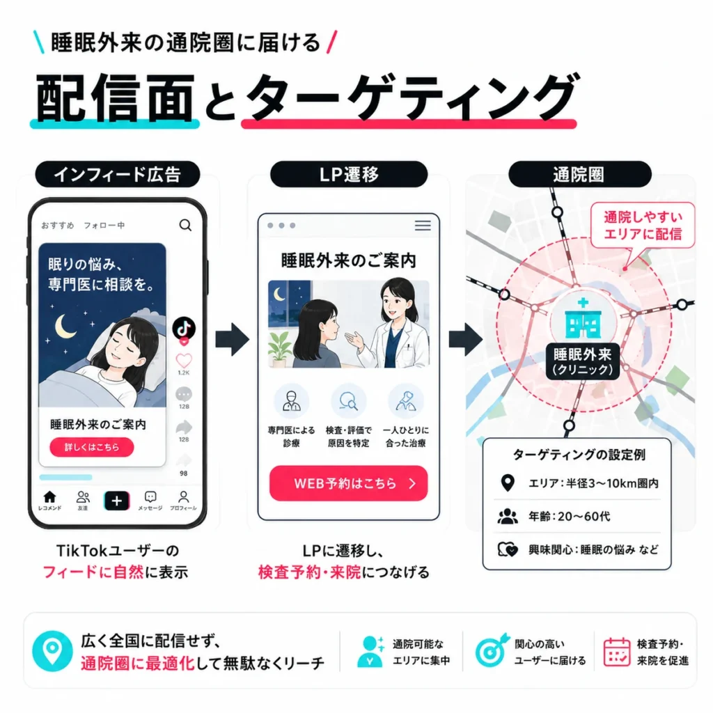 睡眠外来の通院圏に合わせたTikTok広告の配信面とターゲティングを示すイラスト
