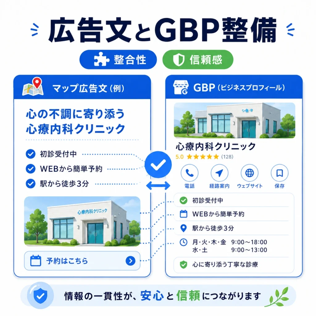 心療内科クリニックの広告文とGoogleビジネスプロフィール情報を整えて信頼につなげるイラスト