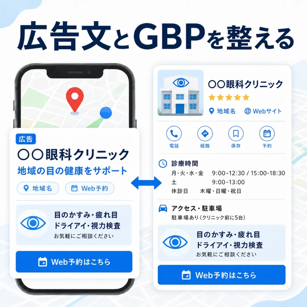 眼科のマップ広告文とGoogleビジネスプロフィールの表示内容をそろえる重要性を示すイラスト