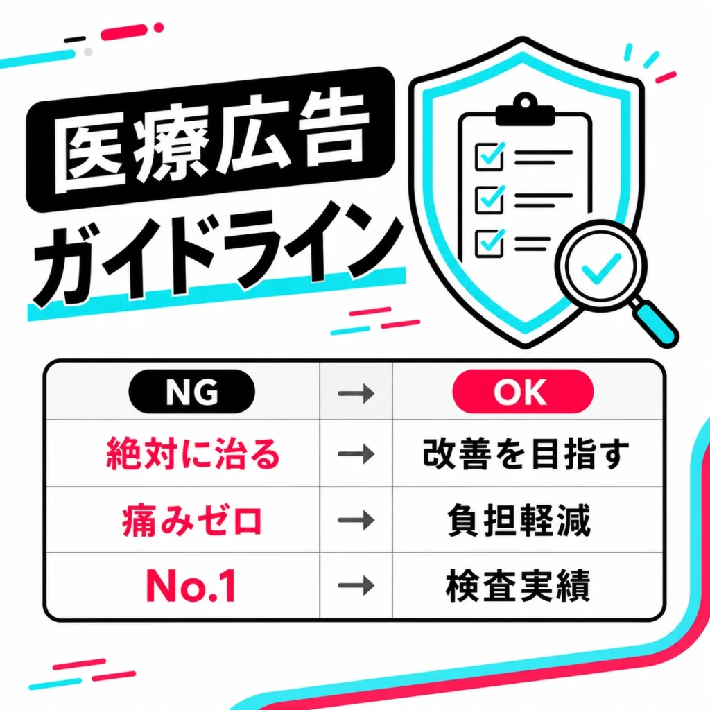 医療広告ガイドラインを守ったTikTok広告表現のNG例とOK例を示すイラスト