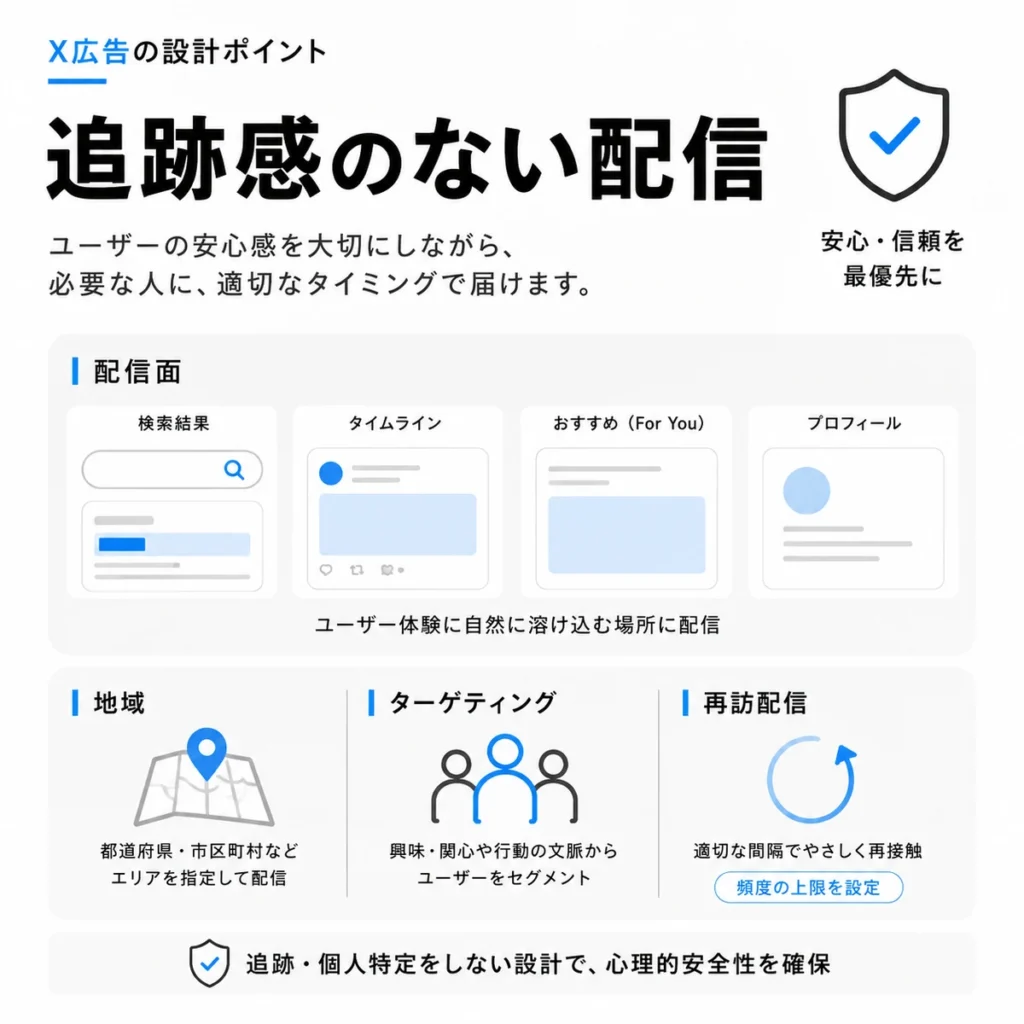 追跡感を与えない配信面・地域・ターゲティング設計を示すイラスト