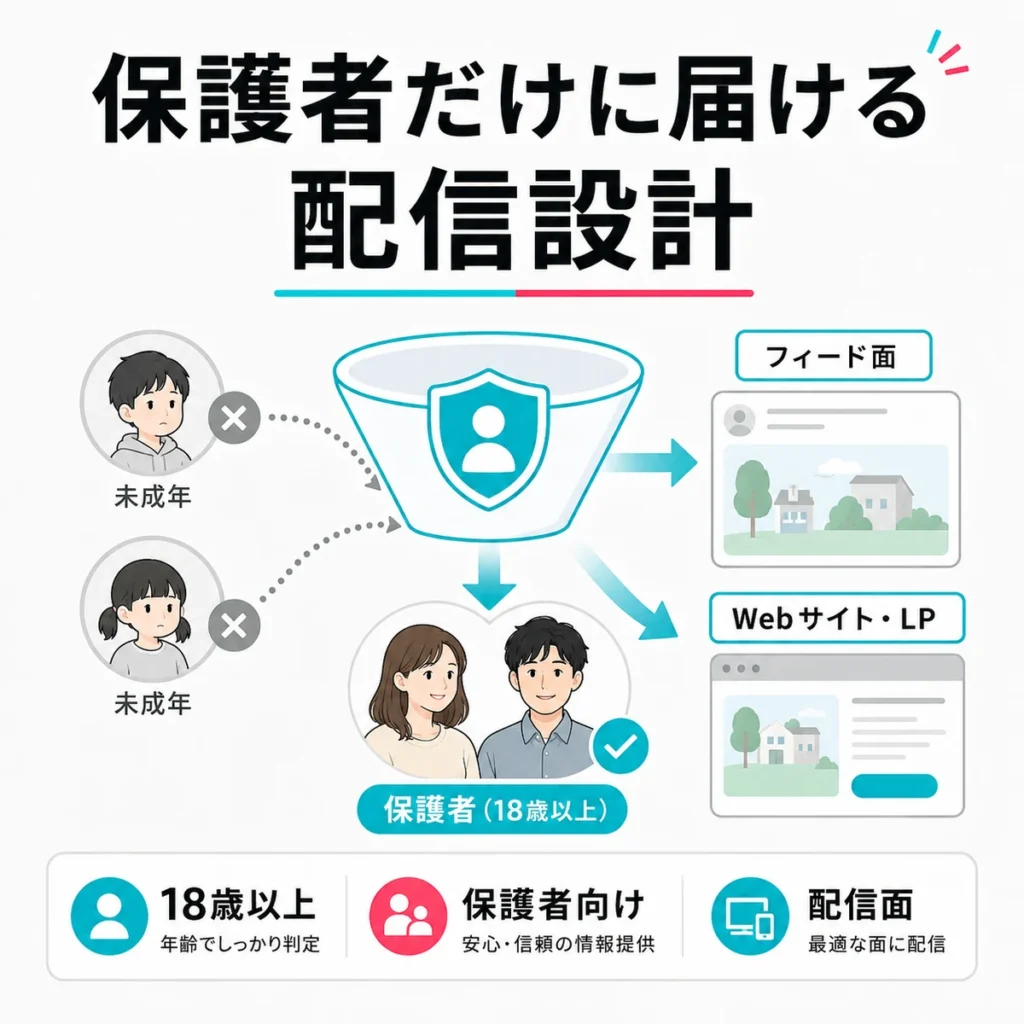未成年への配信を避け、18歳以上の保護者向けに広告配信面を設計する流れを示すイラスト
