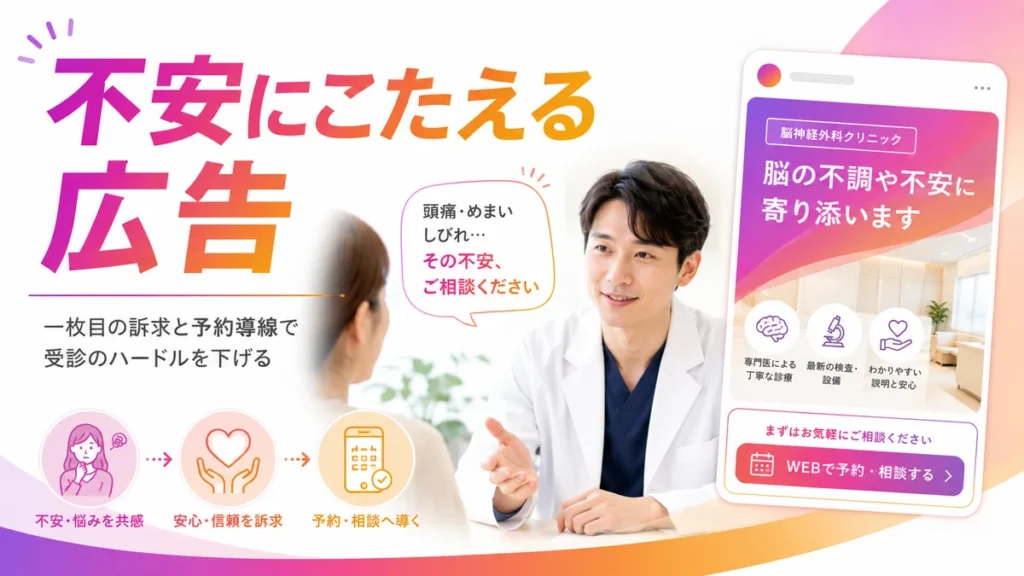 患者の不安に寄り添うInstagram広告クリエイティブと予約導線のイラスト
