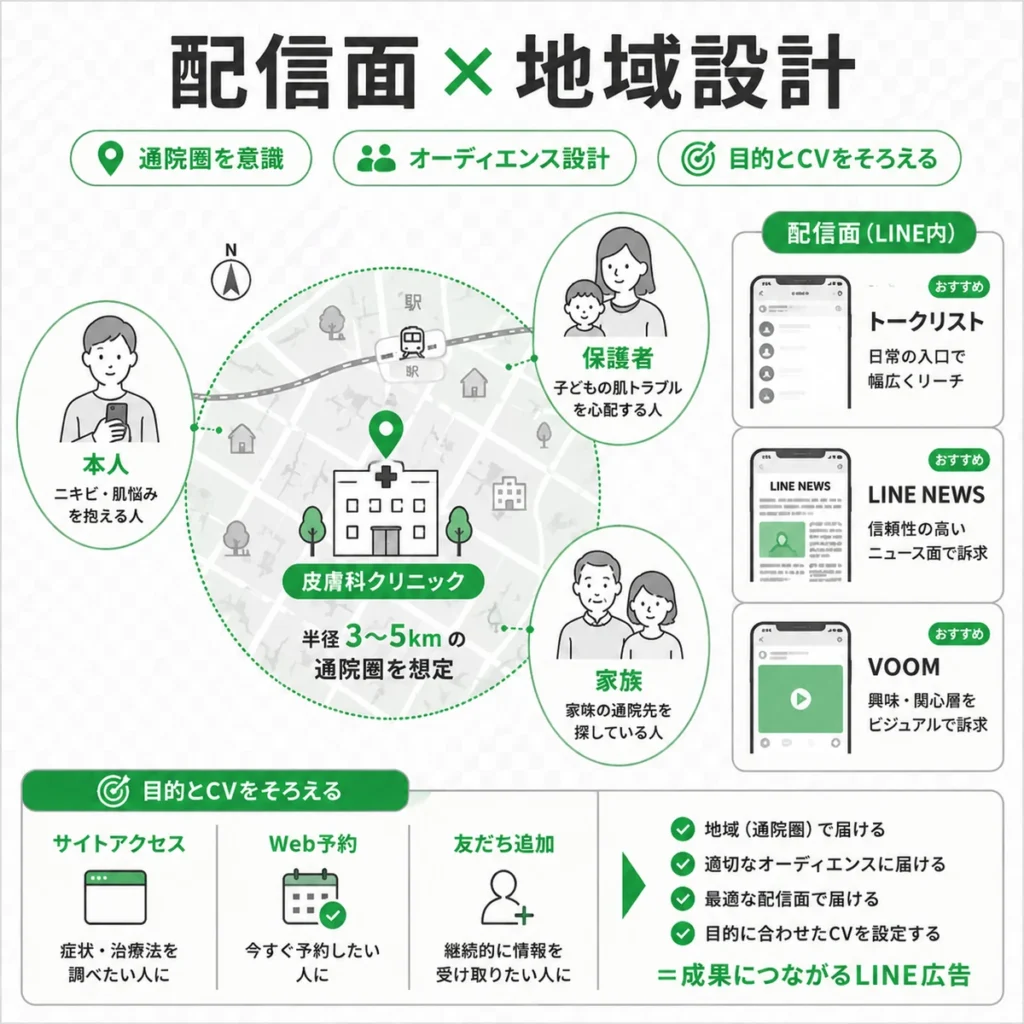 皮膚科クリニックの通院圏や配信面やオーディエンス設計を整理したLINE広告戦略のイラスト