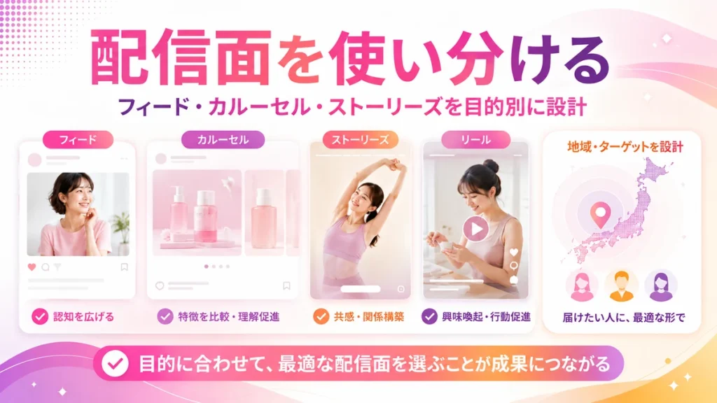 フィードやカルーセルなど配信面とオーディエンス設計を示すイラスト