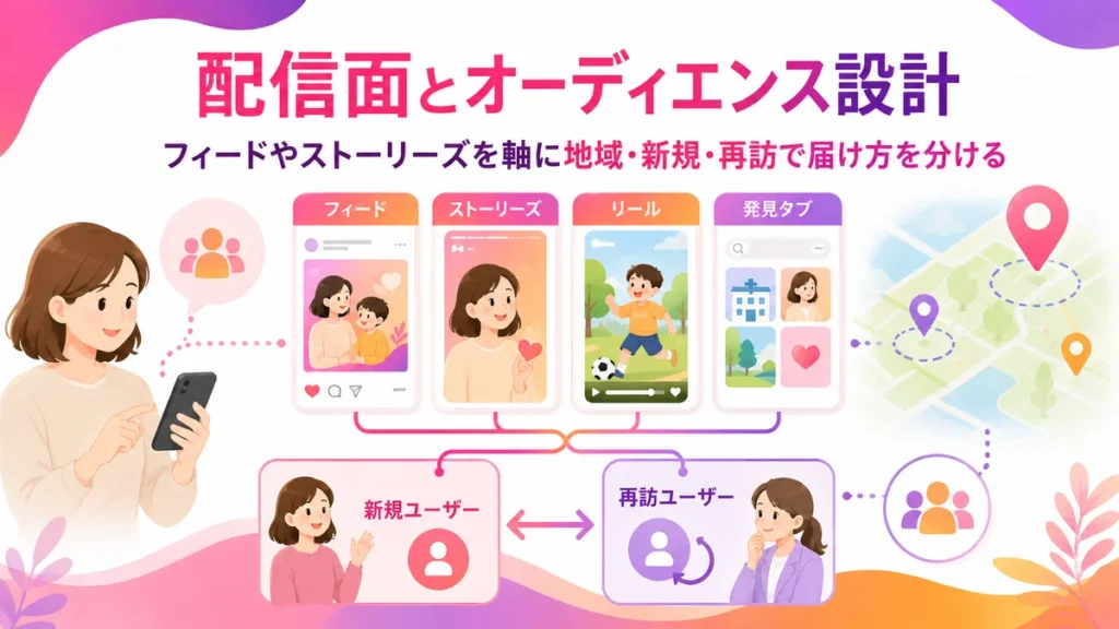 配信面とオーディエンス設計を整理するInstagram広告のイラスト