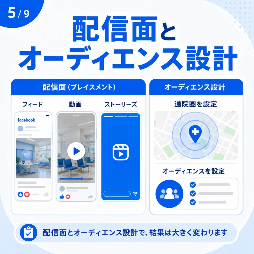 医療脱毛のFacebook広告における配信面とオーディエンス設計を示すイラスト