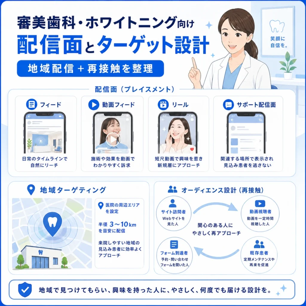 審美歯科とホワイトニング向けFacebook広告の配信面とターゲット設計を整理したイラスト