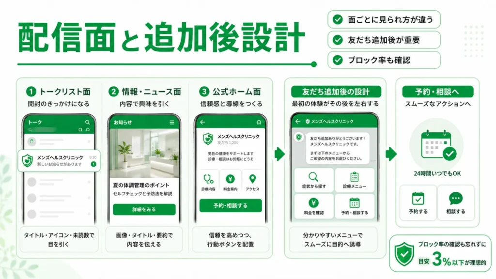 LINE広告の配信面ごとの見られ方と友だち追加後の導線設計を示すイラスト