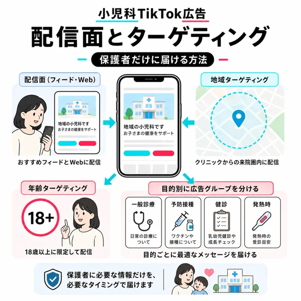 保護者に届けるためのTikTok広告の配信面とターゲティングを示すイラスト