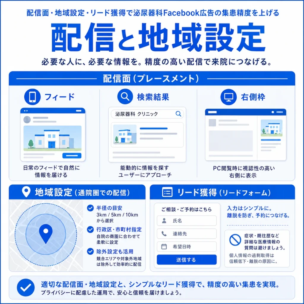 配信面、地域設定、リードフォーム設計で泌尿器科Facebook広告の集患精度を高める方法を示すイラスト
