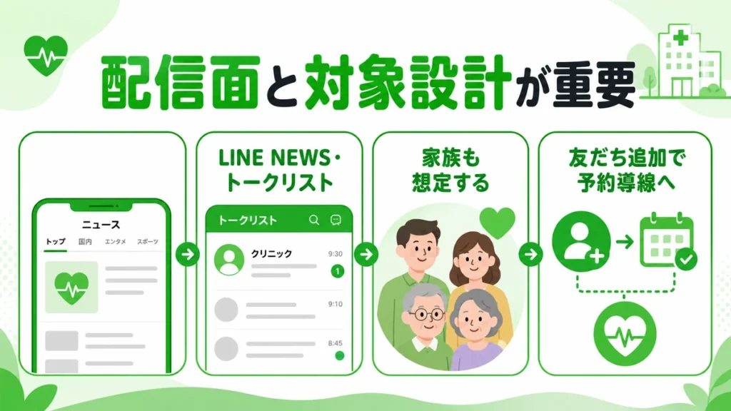 LINE NEWSやトークリスト、家族層、友だち追加導線を整理した配信面と対象設計のイラスト
