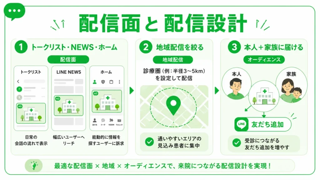 LINE広告の配信面と地域配信、本人と家族へのオーディエンス設計を整理したイラスト