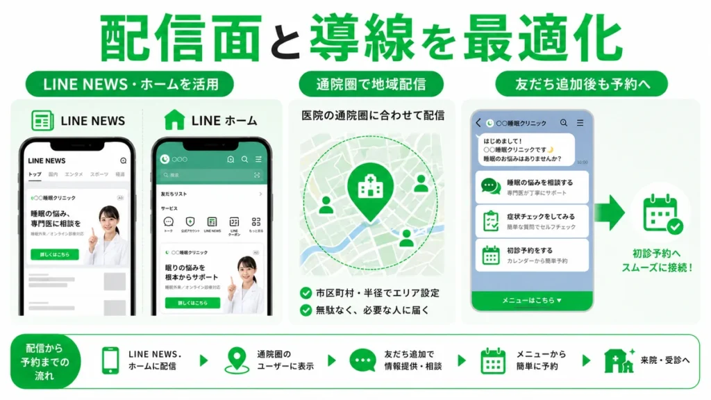 LINE NEWSやホーム、地域配信、友だち追加後の予約導線を組み立てる流れを示すイラスト