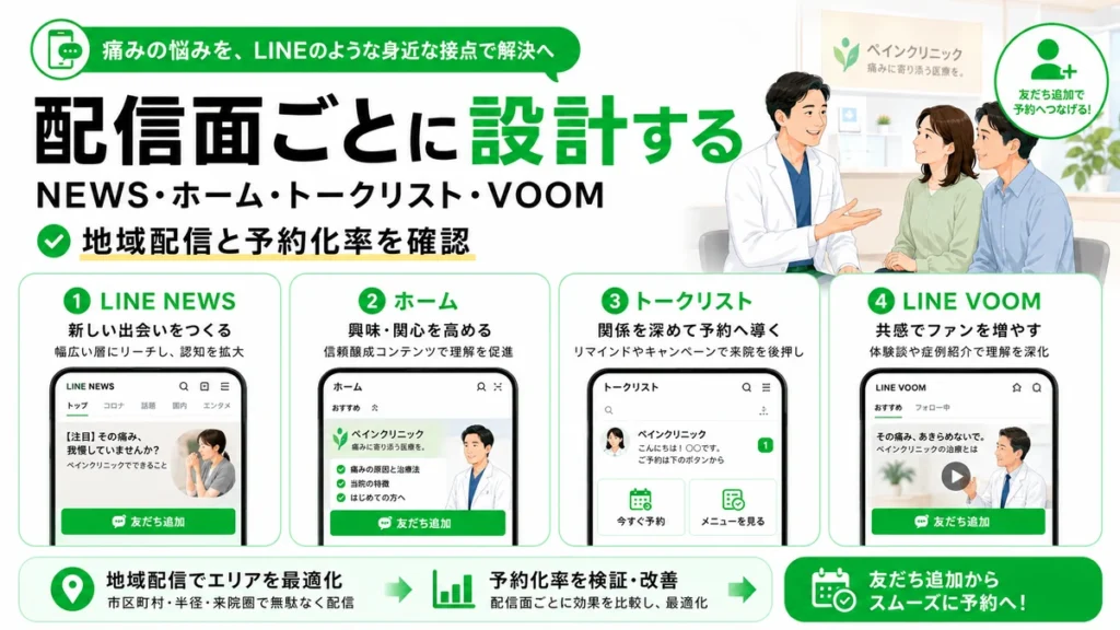 LINE NEWSやホームなど配信面ごとに友だち追加と予約化率を設計する方法を示すイラスト